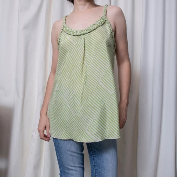 Banana Republic 100% Silk Womens Green Cream Patterned Tank M Woven Trim Y2K VTG - Picture 3 of 10